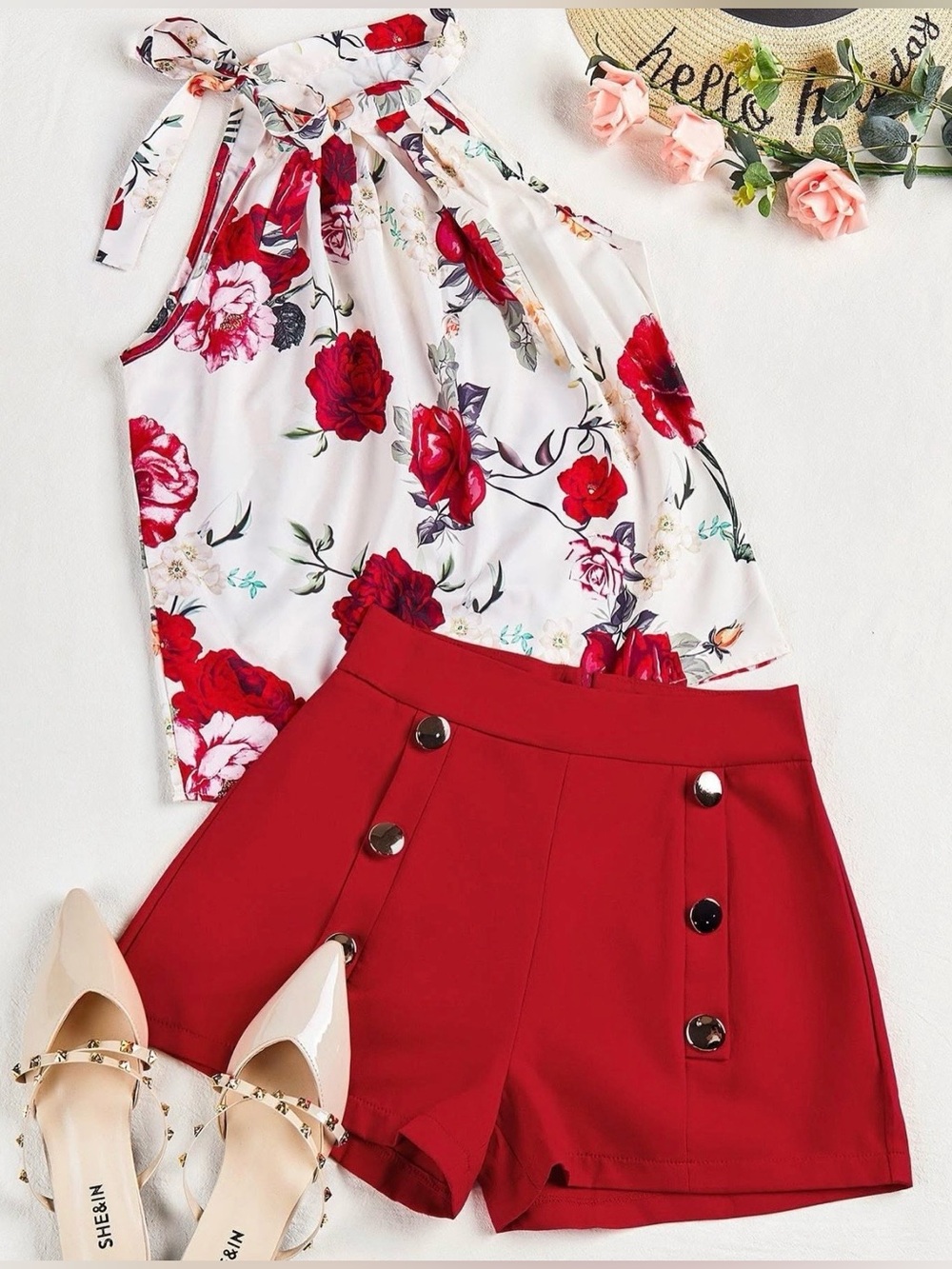 Women’s Shorts Set, Floral Blouse and High-Waist Red Button-Front Shorts, New